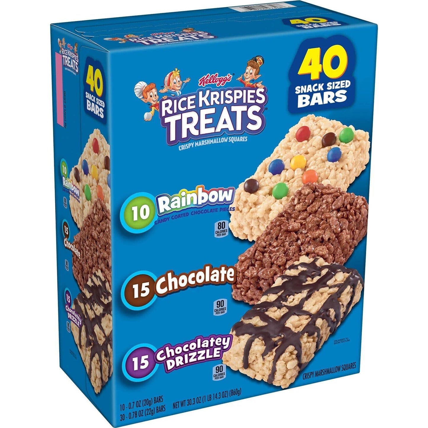 Kellogg's Rice krispies Treats Marshmallow Squares 40 Bars (10 Rainbow Bar Candy Coated Chocolate, 15 Chocolate,15 Chocolatey Drizzle) 860gm