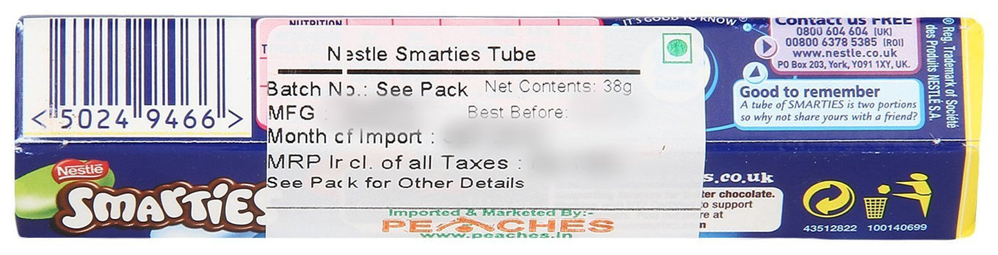 Nestle Smarties Tube, 38g - "Smarties Tube - 38g of Colorful Chocolate Treats!"