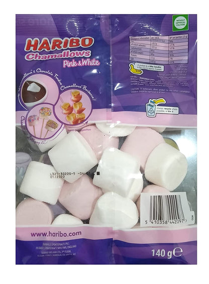 Haribo Chamallows Pink & White Marshmallow, 21 Candy Share Size, 2 x 140 g Pack of 2 - Two packs of delightful pink and white marshmallows.