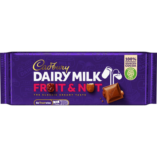 Cadbury Dairy Milk Fruit and Nut 180g - Creamy Milk Chocolate with Crunchy Almonds and Juicy Raisins