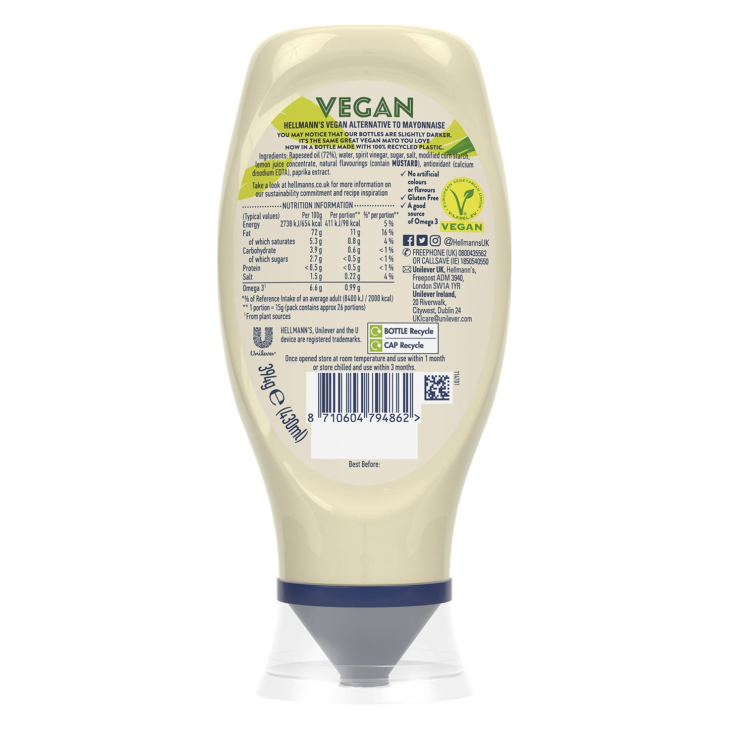 Hellmann's Vegan Mayonnaise, 14.54 fl oz / 430 ml / 394 g - Plant-based vegan mayonnaise.