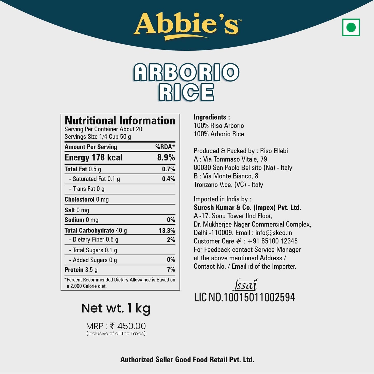 Abbie's Italian Arborio Rice, Produced In Italy, 1kg Vacuum Packed - Perfect Rice for Risotto - Italian Culinary Perfection!