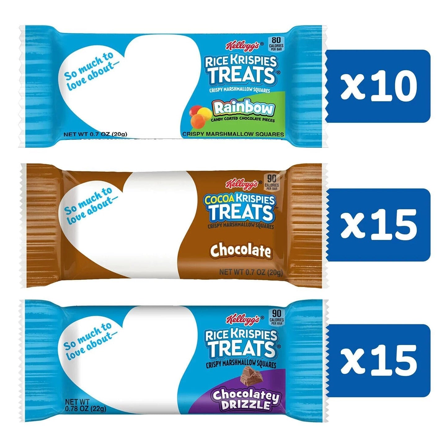 Kellogg's Rice krispies Treats Marshmallow Squares 40 Bars (10 Rainbow Bar Candy Coated Chocolate, 15 Chocolate,15 Chocolatey Drizzle) 860gm