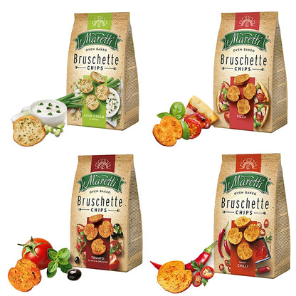 Maretti Oven Baked Bruschette Chips Sweet Chili, Pizza Flavour, Sour Cream & Onion, Tomato Olives & Oregano, 70g Each, Combo of 4 - "Delicious Bruschette Chips Variety!"