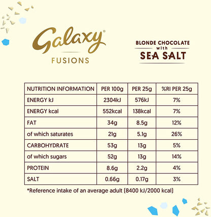 Galaxy Fusions Blonde Chocolate with Sea Salt, 3.53 oz / 100 g - Blonde chocolate with sea salt! A unique and delightful blend of sweet and salty in every bite!