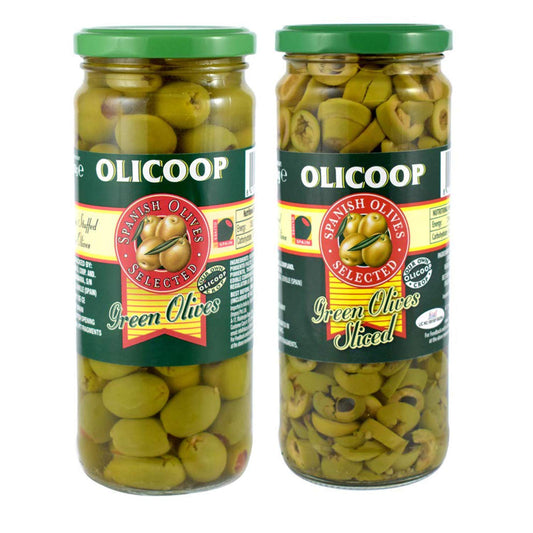 Olicoop Green Stuffed Olives + Green Slice Olives, 450g, Pack of 1 Unit Each - "Stuffed with flavor!"