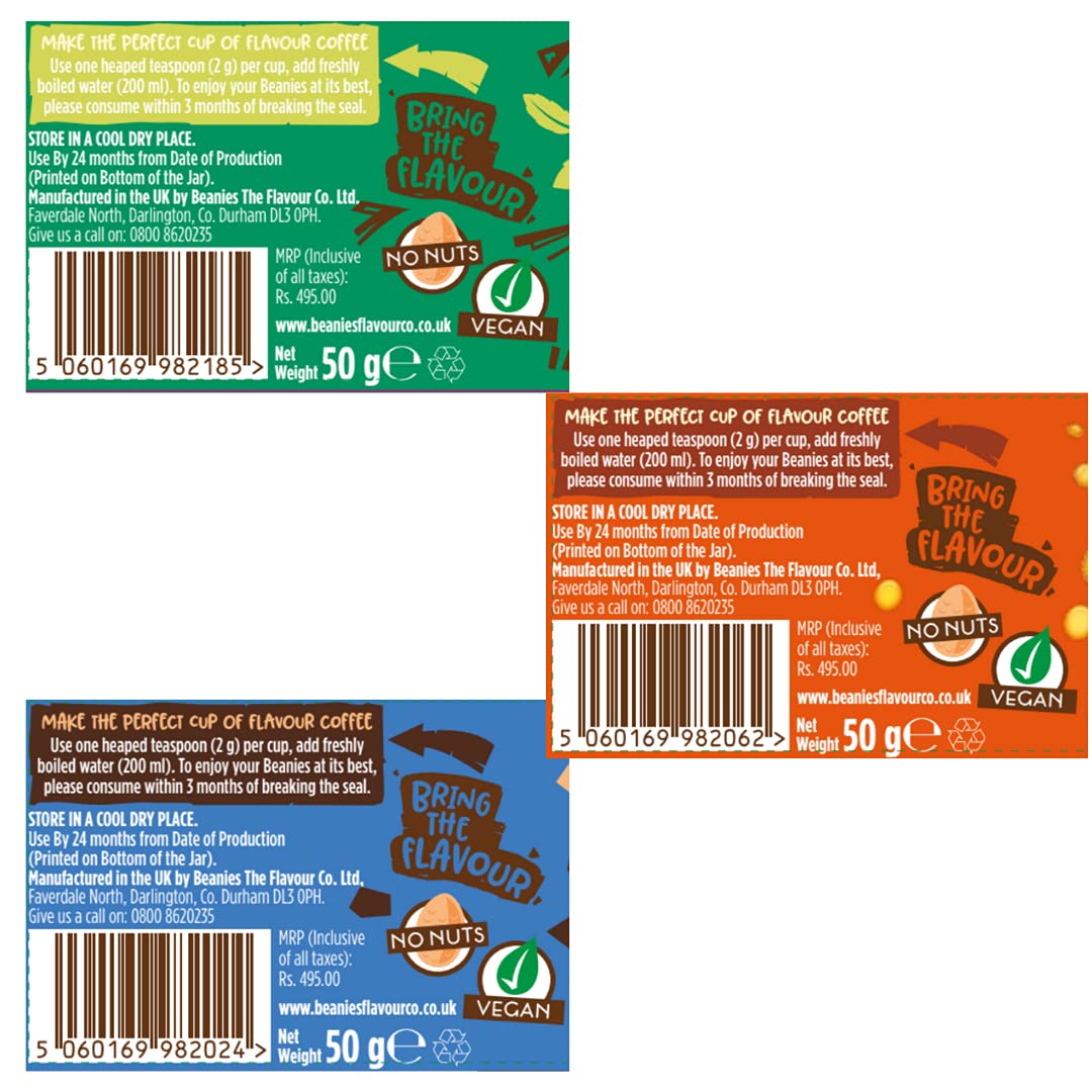 Beanies | Instant Flavoured Coffee | Mint Chocolate 50g, Creamy Caramel 50g, Nutty Hazelnut 50g | Low Calorie, Sugar Free | Pack of 3 - Three times the flavor