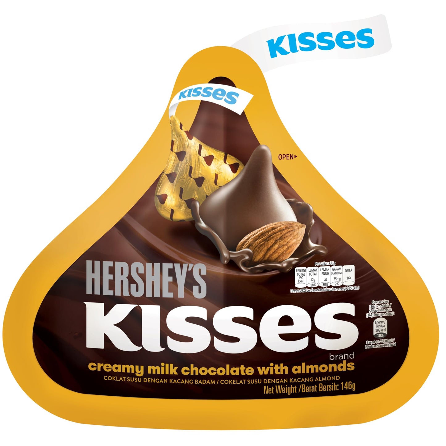 Hershey's Kisses Creamy Milk Chocolate with Almonds, 146g - Creamy milk chocolate Kisses with almonds, 146g bag.