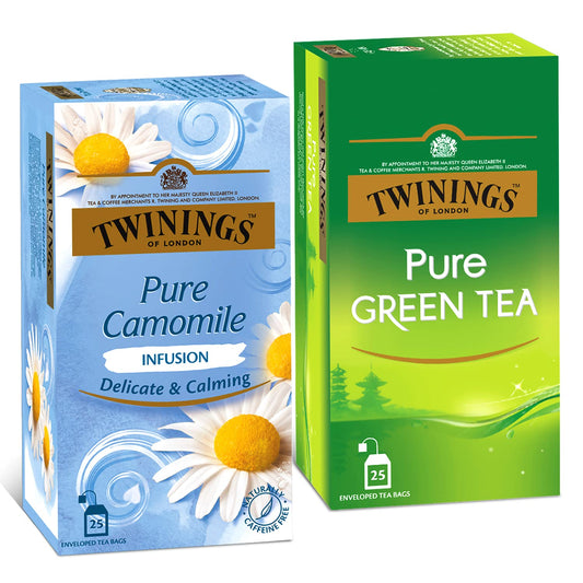 Twinings Pure Green & Pure Camomile Tea, Green & Herbal Infusion Two Tea Combo Pack, Caffeine Free Herbal Tea for Anxiety & Stress Relief, Sugar-Free, 25 Teabags Each