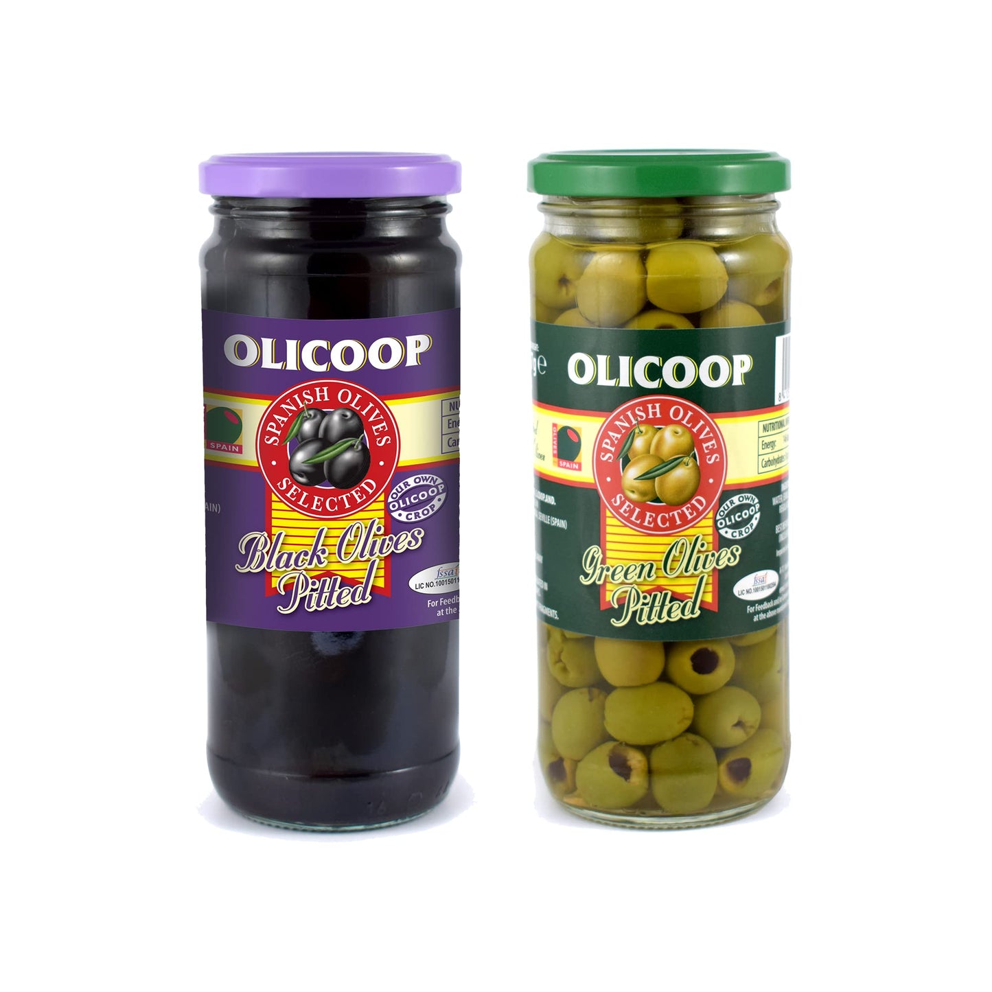 Olicoop Black Pitted Olives + Green Pitted Olives, 450g, Pack of 1 Unit Each, for Authentic Taste in Cooking, Snacking, Pizzas toppings or Italian Pastas Ingredient