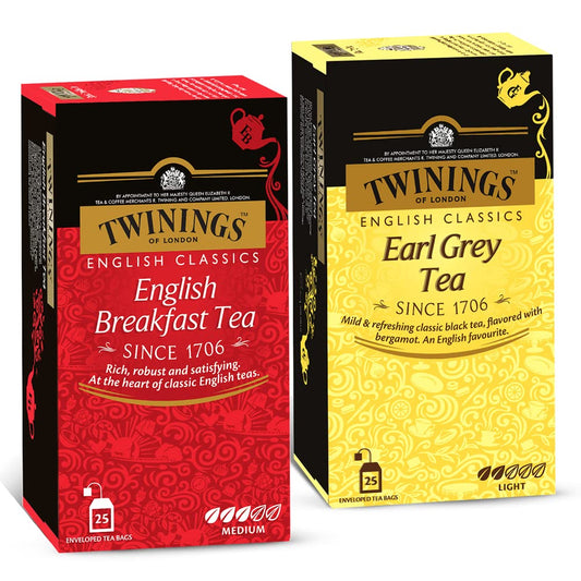 Twinings Black Tea Super Saver Combo Pack (English Breakfast Tea 25 Bags + Earl Grey Tea 25 Bags) - 100 Gm