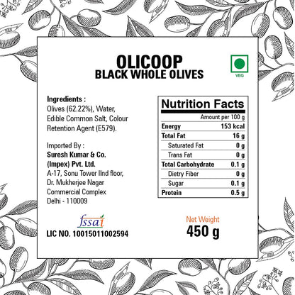 Olicoop Black Whole Olives, 450g, Pack of 2, Product of Spain - "Double the olives, double the flavor!"