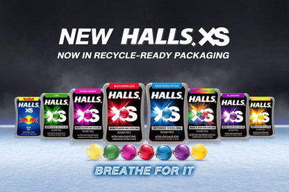 Halls XS Flavored Sugar Free Candy 13.8g Each - Pack of 12 (Watermelon) - Enjoy the refreshing taste of watermelon in a sugar-free candy.