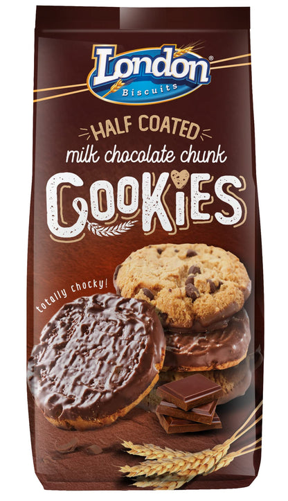 London Biscuits Half Coated Milk Chocolate Chunk Cookies, 5.2 oz / 160g - "Chocolate Chunk Heaven!"