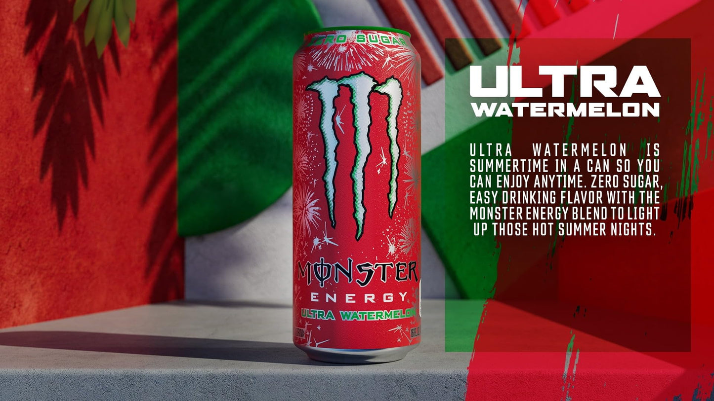 Monster Energy Ultra Watermelon Zero Sugar 500ml Can - Case of 12 - "Watermelon Zero Kick!"