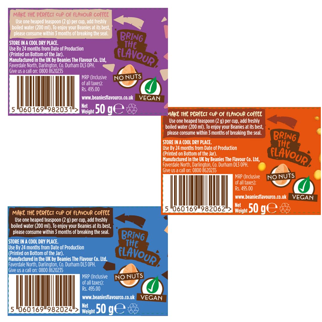 Beanies | Instant Flavoured Coffee | Double Chocolate 50g, Creamy Caramel 50g, Nutty Hazelnut 50g | Low Calorie, Sugar Free | Pack of 3 - A trio of tasty treats