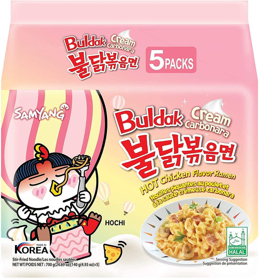 Sam Yang Buldak Cream Carbonara Hot Chiken Flavor Ramen Stir-Fired Noodle 140 grams*5Pack (Pack of 5) (Imported, Non Vegetarian)