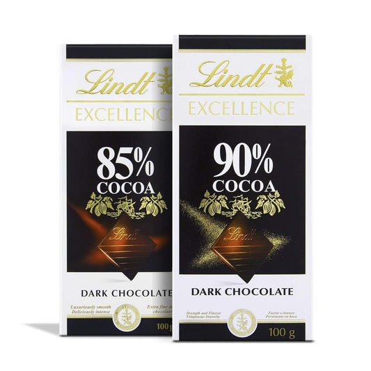 LINDT Excellence Dark 85% Cocoa Chocolate Bar and LINDT Excellence Dark 90% Cocoa Chocolate Bar | Pack of 2 | 100gm