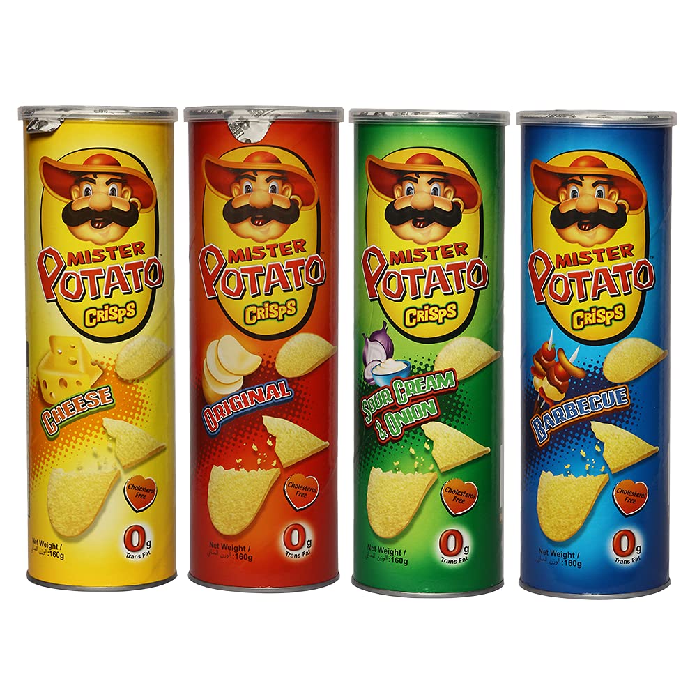 Mister Potato Crisps Potato Chips, Cheese, Original, Sour Cream & Onion, Barbecue - Combo of 4 (160g Each) - "Flavor Combo Crunch!"