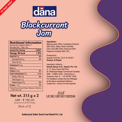 Dana Diabetic Black Currant Jam + Diabetic Mixed Fruit Jam, 315g, Pack of 1 Each, Product of Poland - Diabetic black currant and mixed fruit jam