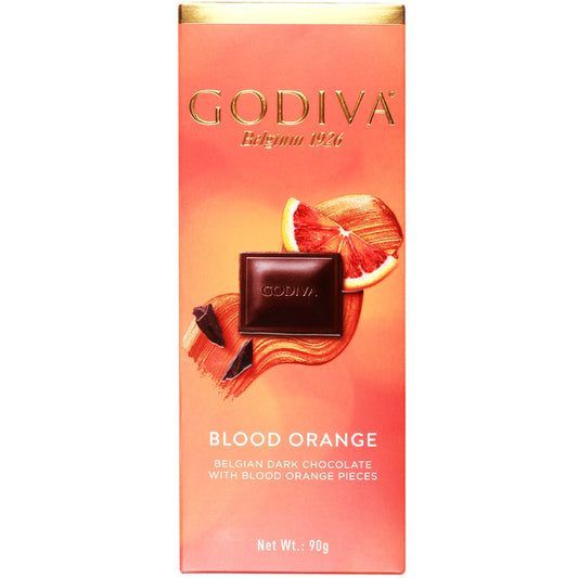 Godiva Belgian Dark Chocolate With Blood Orange Bits, 90g - Experience the bold and zesty combination of Belgian dark chocolate and blood orange bits in Godiva's exquisite chocolate bar