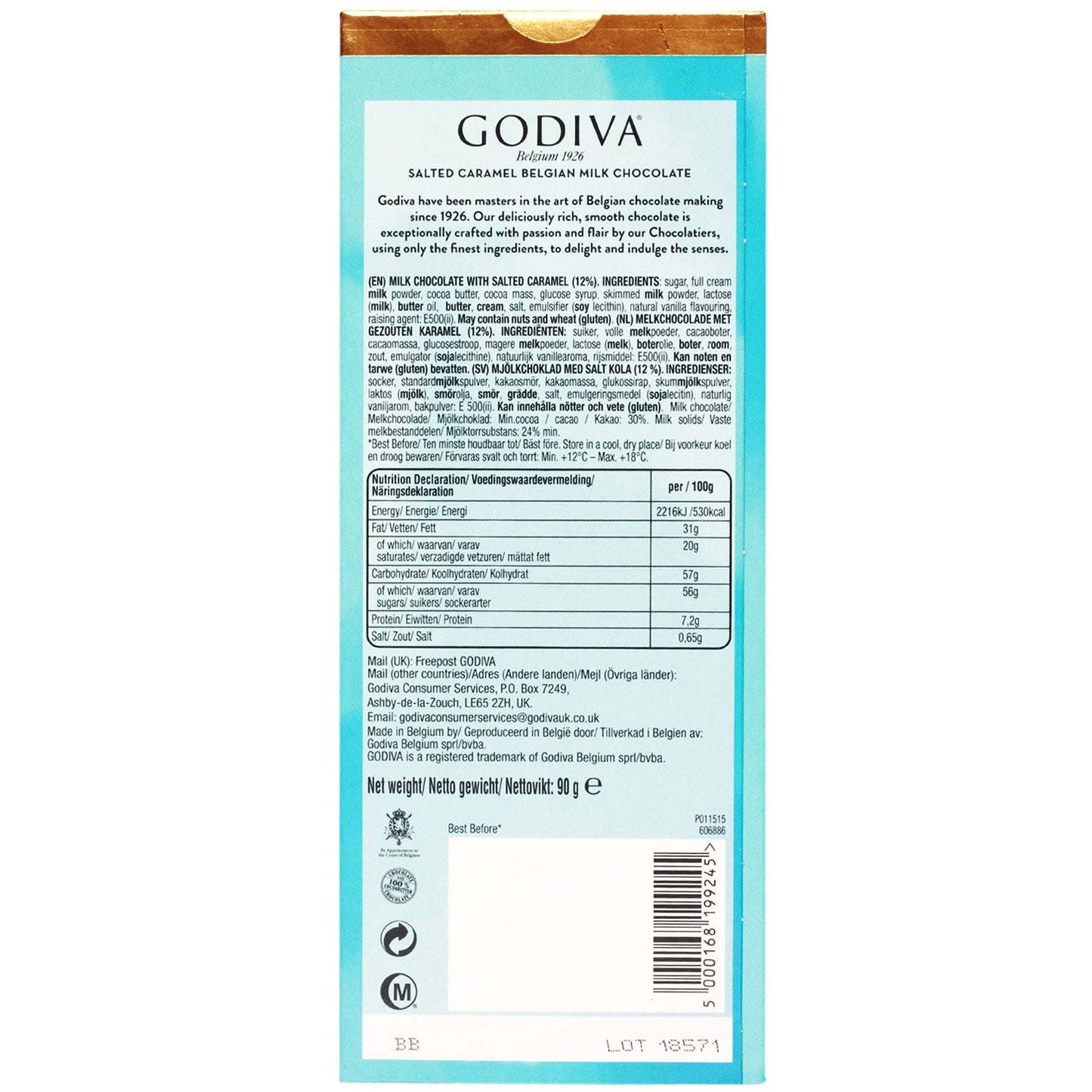 Godiva Salted Caramel Belgian Milk Chocolate, 90g - Experience the exquisite combination of rich Belgian milk chocolate and luscious salted caramel in Godiva's decadent chocolate bar