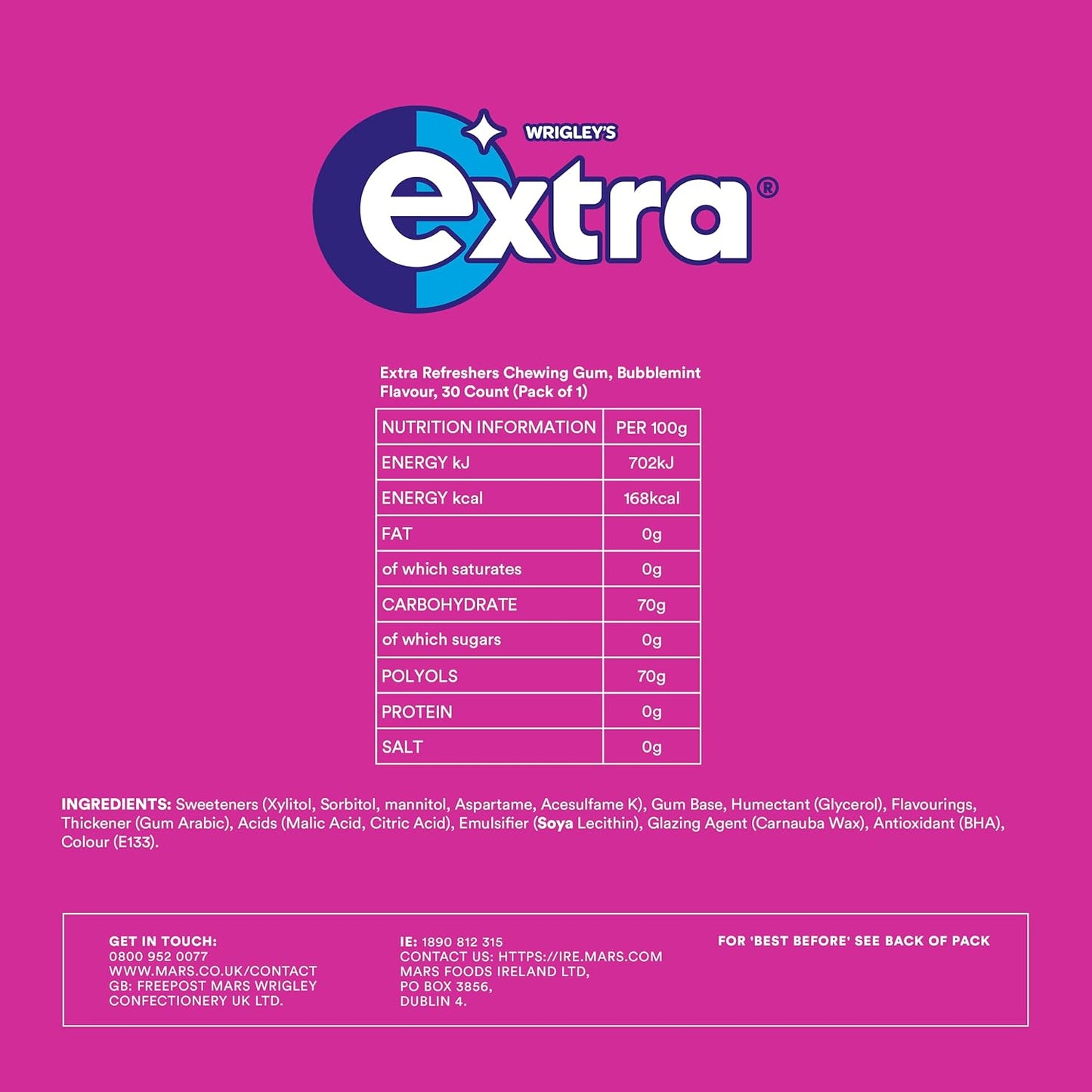 Wrigley's Extra Refreshers Chewing Gum, Sugar-Free, BubbleMint Flavour - 30 Pieces, 67g - Revitalize Your Senses!