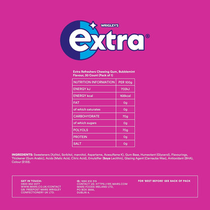 Wrigley's Extra Refreshers Chewing Gum, Sugar-Free, BubbleMint Flavour - 30 Pieces, 67g - Revitalize Your Senses!