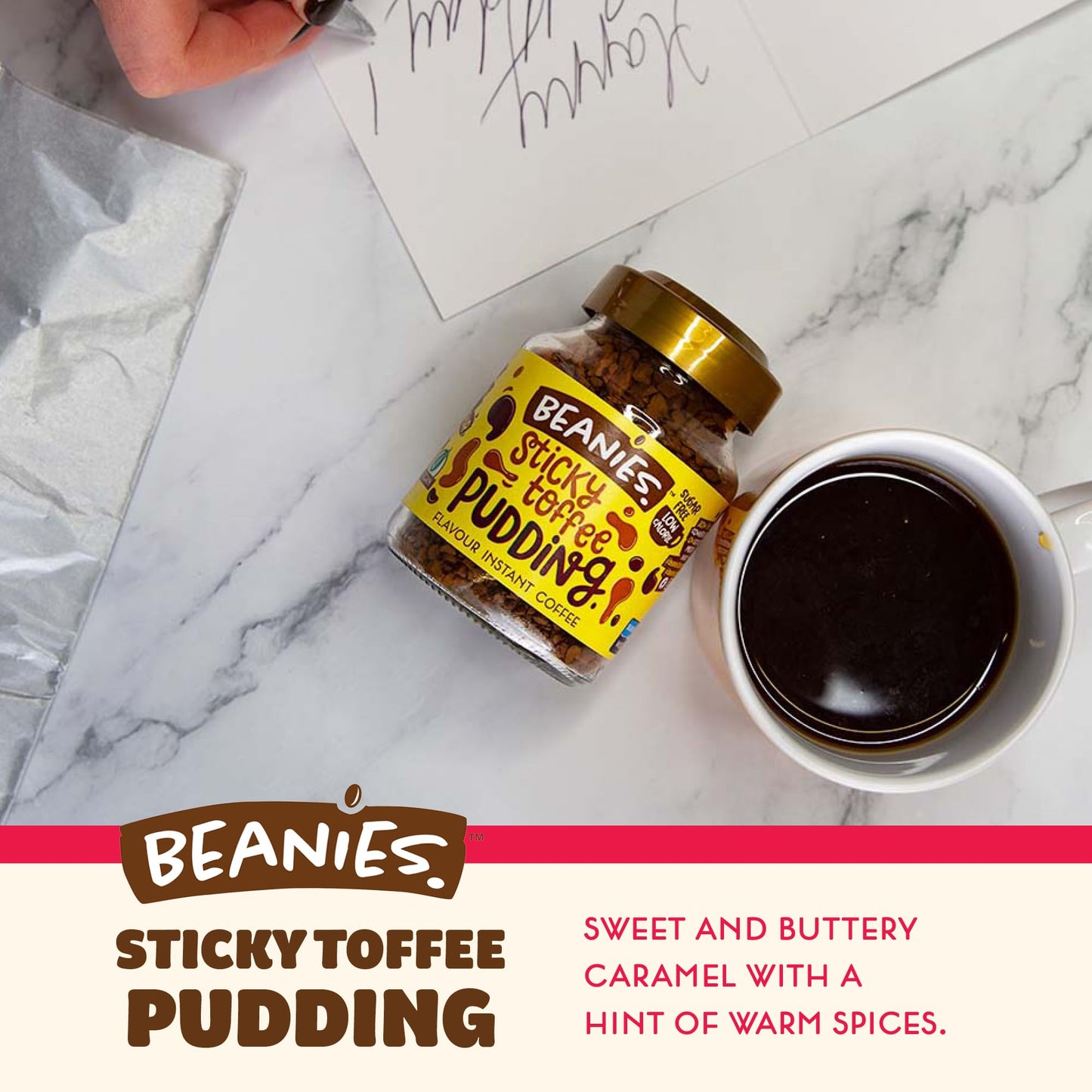 Beanies | Instant Flavored Coffee | Sticky Toffee Pudding | Low Calorie, Sugar Free | 50 g | Pack of 1 - Dessert delight in a mug