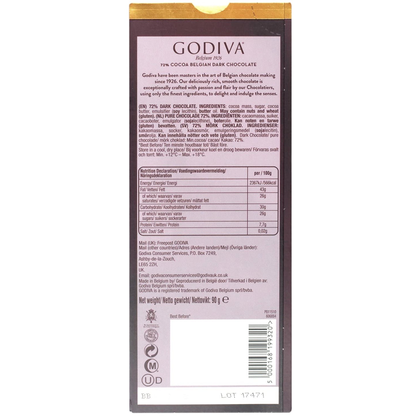 Godiva 72% Cocoa Rich, Smooth Belgian Dark Chocolate, 90 Gm - Indulge in the rich and smooth taste of Godiva's 72% cocoa dark chocolate