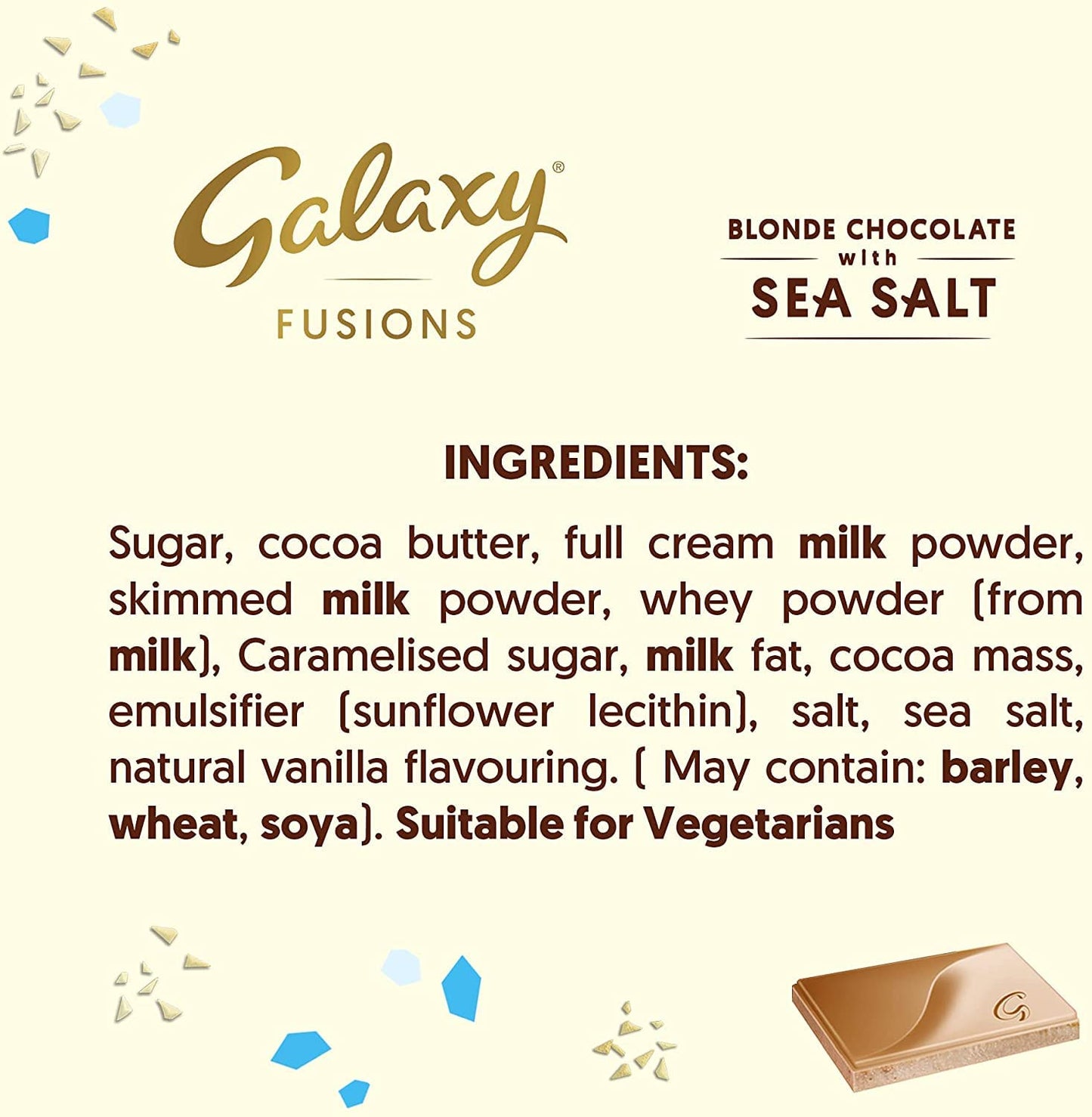 Galaxy Fusions Blonde Chocolate with Sea Salt, 3.53 oz / 100 g - Blonde chocolate with sea salt! A unique and delightful blend of sweet and salty in every bite!