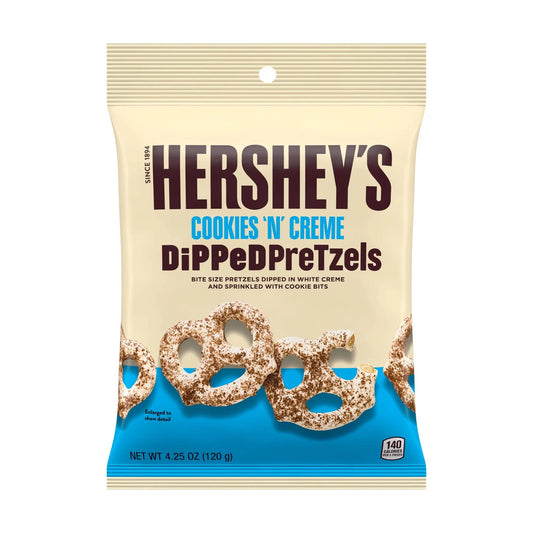 Hershey's Cookies n Cream Dipped Pretzels in White Creme and Cookie Bits Packet (120 g) - White creme and cookie bits dipped pretzels, 120g packet.