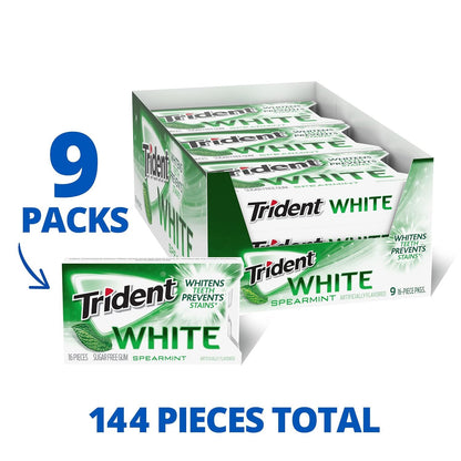 Trident White Sugar Free Gum, 16 Count (Pack of 9) (Spearmint)