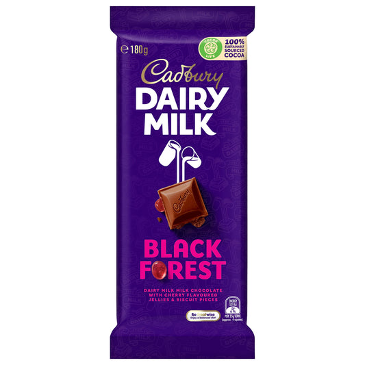 Cadbury Dairy Milk Black Forest with Cherry Flavoured Jellies and Biscuit Pieces (Australian Imported), 180g - Black forest fantasy