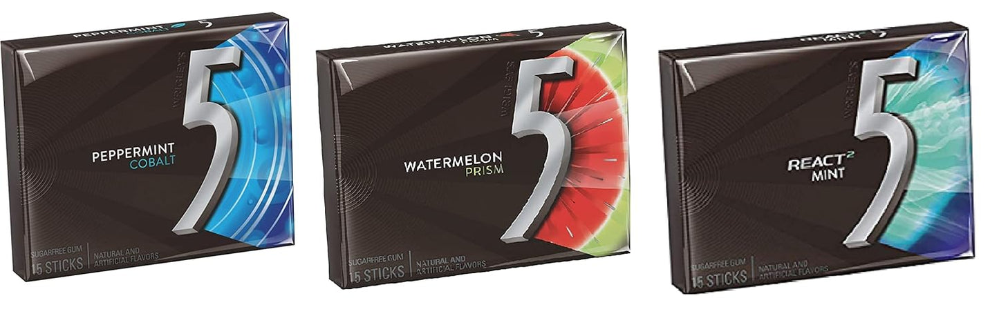 Wrigley's 5 Gum Variety Pack - Cobalt Peppermint, Watermelon, React, 15 Sticks Each, Pack of 3 (USA) - Discover Flavorful Variety