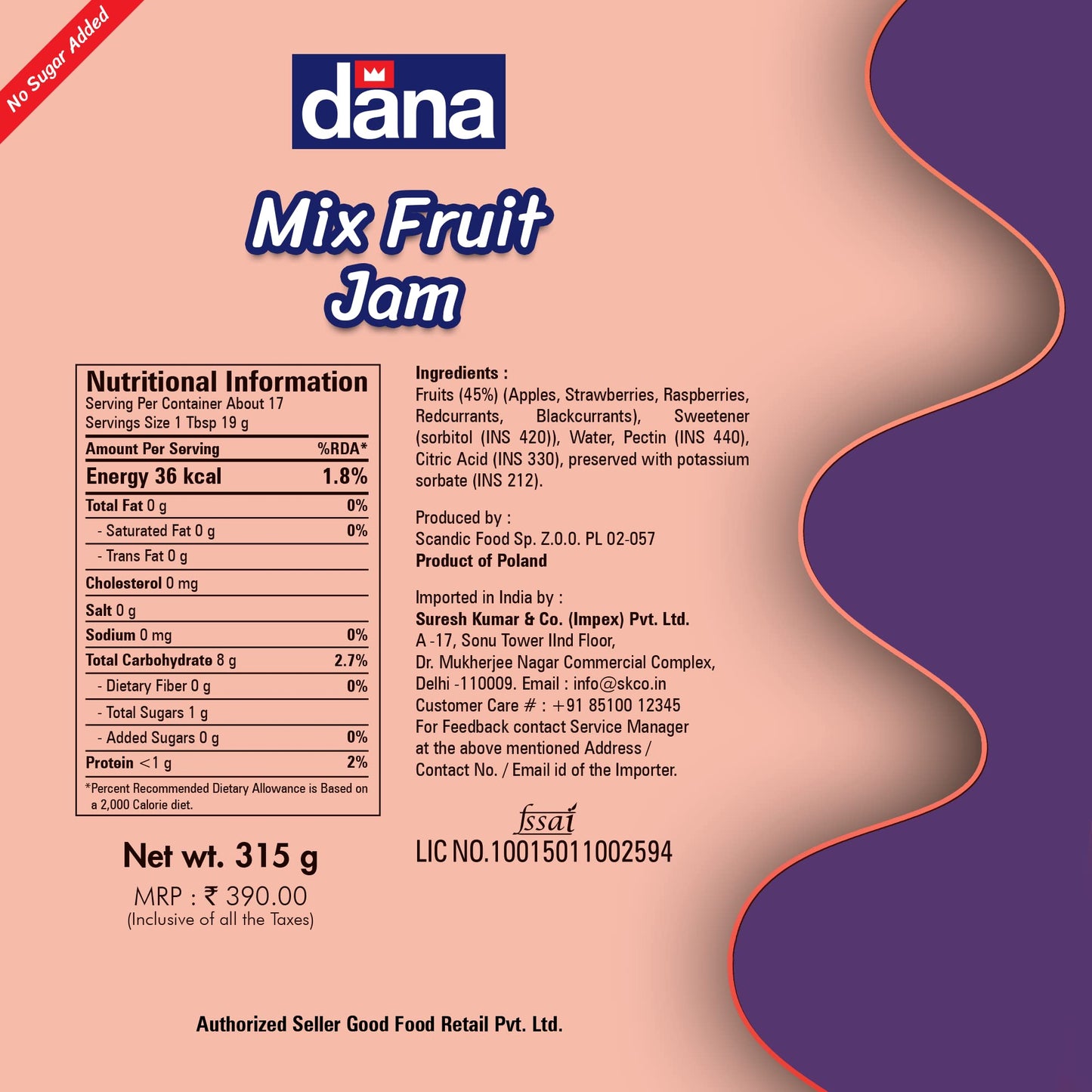 Dana Diabetic Mix Fruit Jam 315g Pack of 1, (Product of Poland) - Diabetic mixed fruit jam