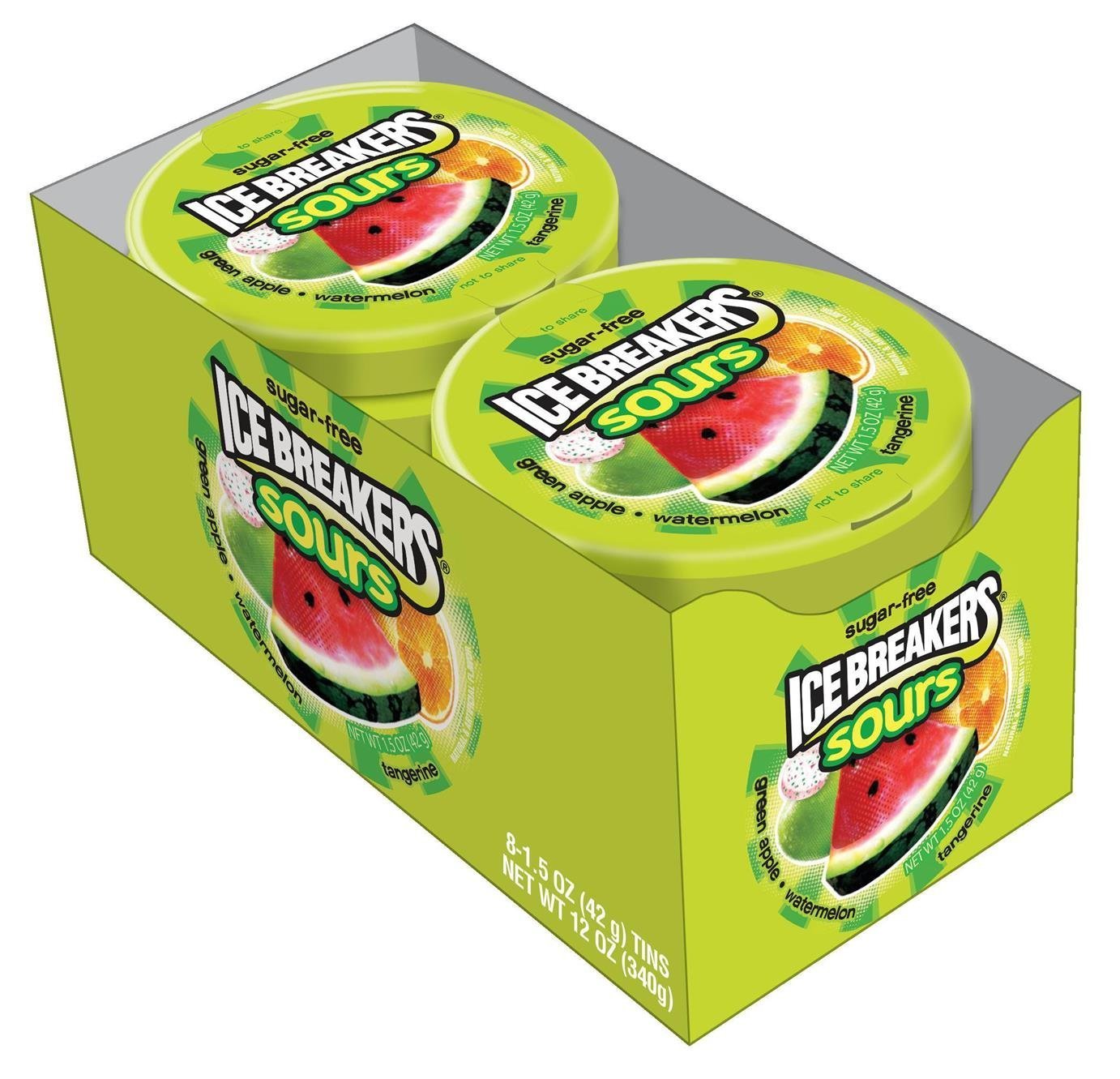 Ice Breakers Sours Sugar Free Candy with Flavour Crystals - Watermelon & Green Apple, 42g (Pack of 2) - Sugar-free watermelon and green apple sours with flavor crystals, pack of 2 x 42g.