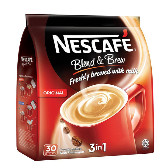 Nestlé Nescafe 3 In 1 Blend And Brew Premix Coffee, 30 Sticks, Bag - 532 Gram - "Nescafe 3 In 1 Blend & Brew - 532g Bag with 30 Sticks for Instant Coffee Bliss!"