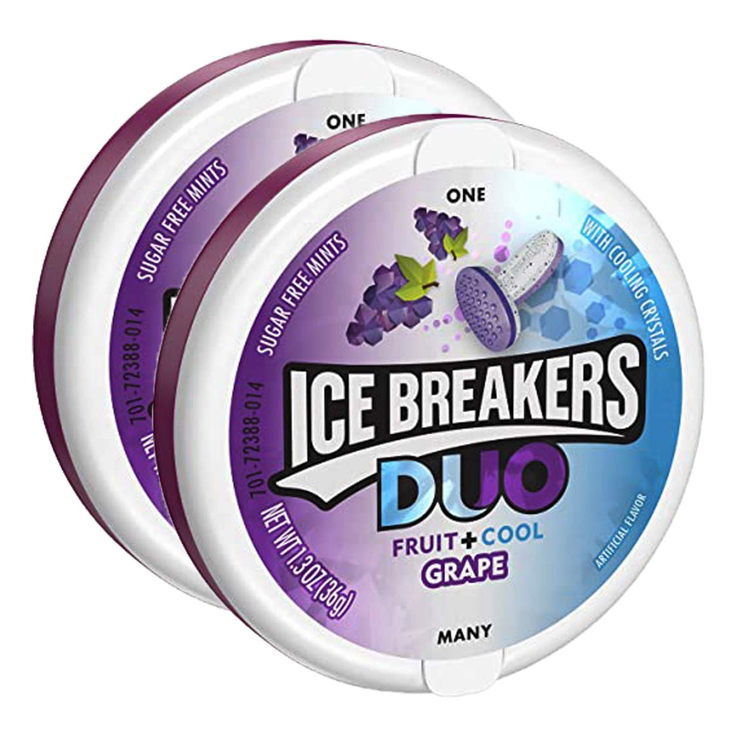 Ice Breakers Duo Fruit + Cool Grape, 2 X 36 Gram - Duo Fruit and Cool Grape mints, 2 packs of 36g each.