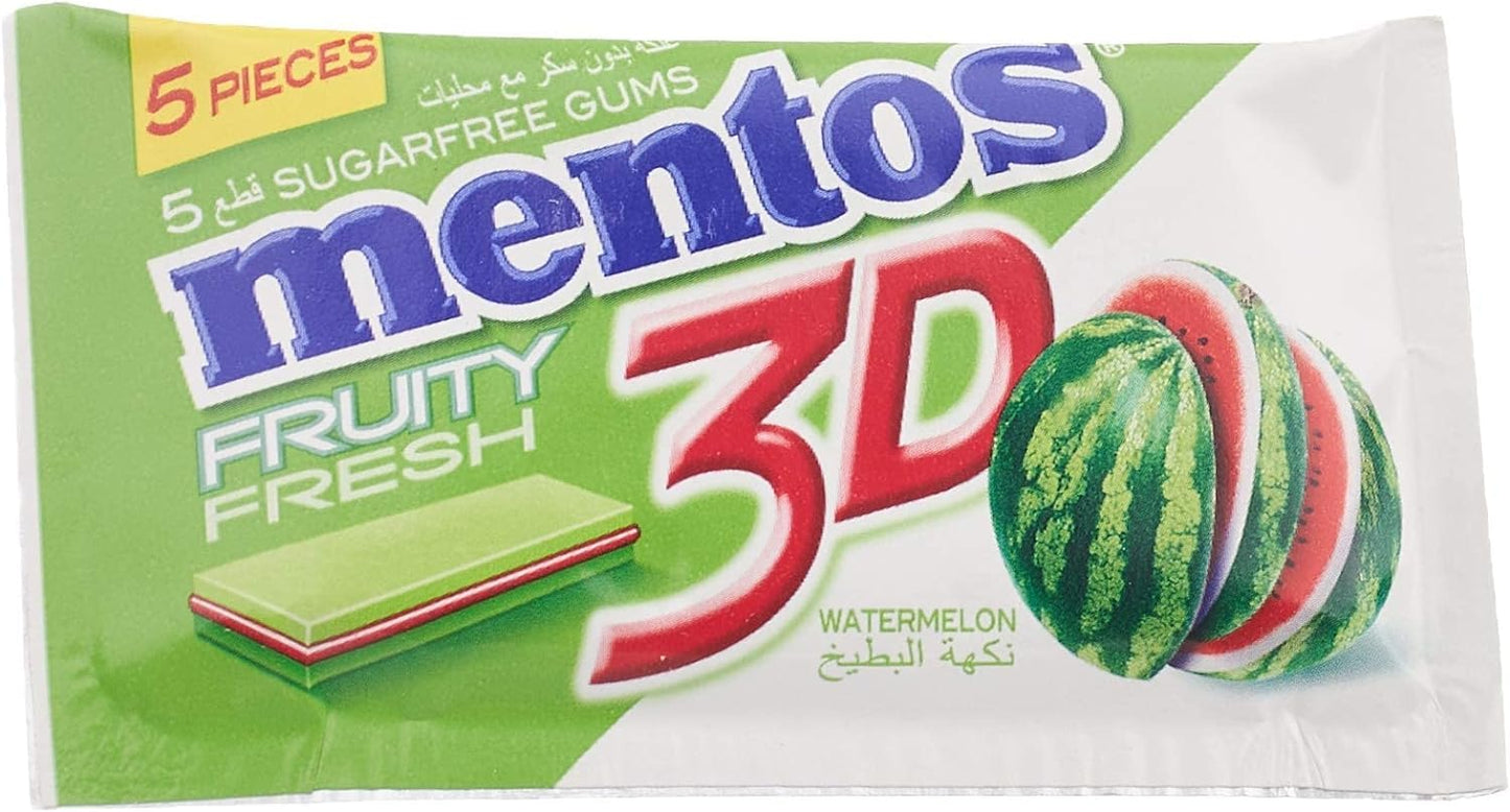 Mentos 3D Triple Layer Sugar-Free Chewing Gum 5 sticks each - pack of 15 (Watermelon) - "Triple Layer Watermelon Gum!"