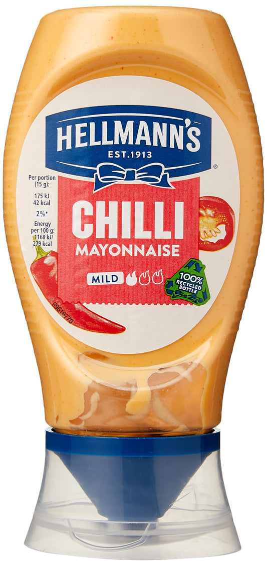 Hellmann's Chilli Mayonnaise Fired by Tabasco Pepper Sauce, 250 ml, Red & Cream - Spicy chili mayo with Tabasco, 250ml.