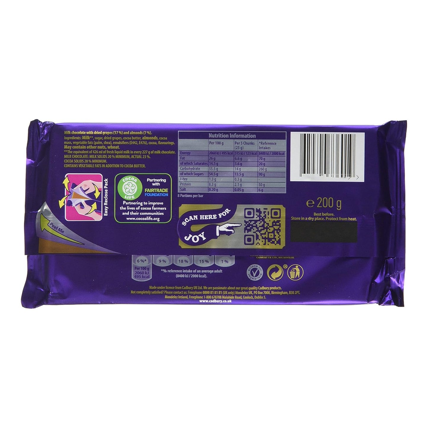 Cadbury Dairy Milk Fruit and Nut 180g - Creamy Milk Chocolate with Crunchy Almonds and Juicy Raisins