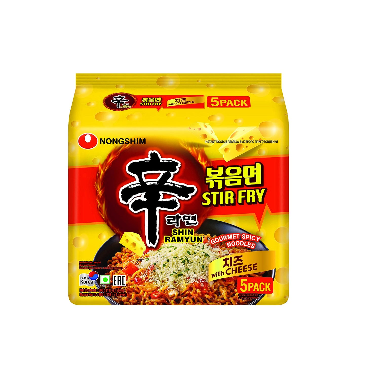 Nongshim Shin Ramyun Stir Fry Gourmet Spicy Noodles with Cheese, 24 oz â„® 680 g, 5 Pack - "Spice up your mealtime!"