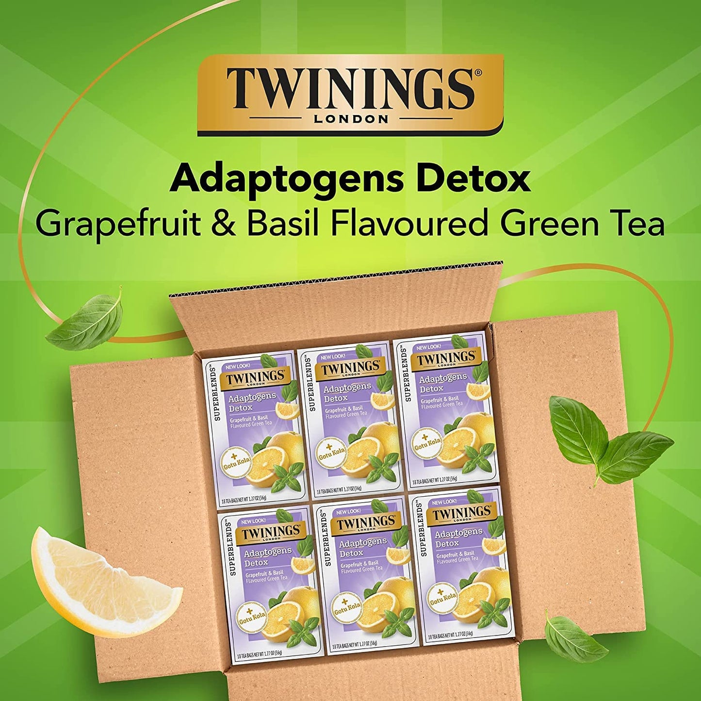 Twinings Superblends Adaptogens Detox With Gotu Kola, Grapefruit & Basil Flavoured Green Tea, Supports Detox, 18 Tea Bags - 36 Gm