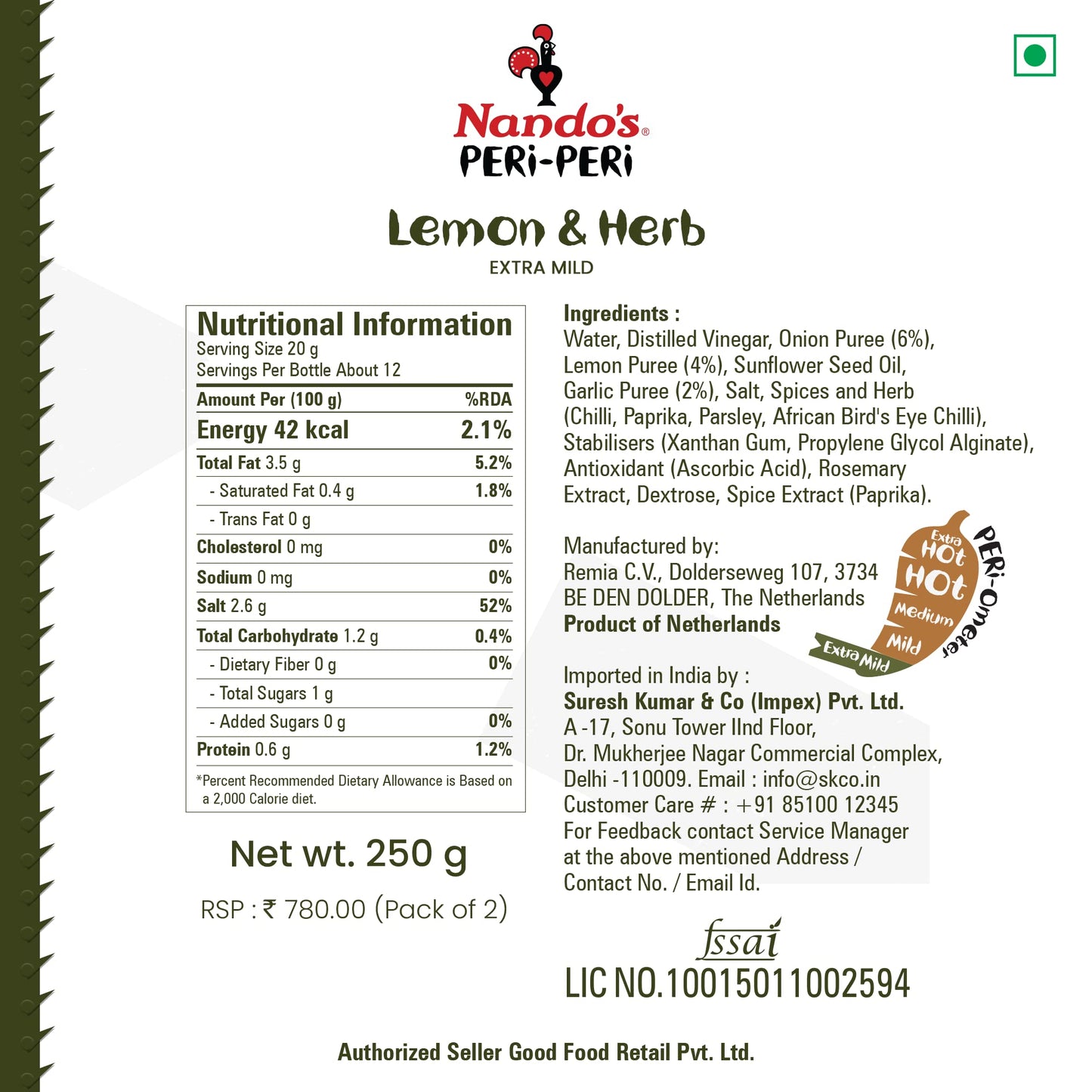 Nando's Peri Peri Chilli Sauce - Lemon And Herb, 250 Gm, Pack Of 2, Product Of The Netherlands - "Lemon & Herb Twin Delight!"