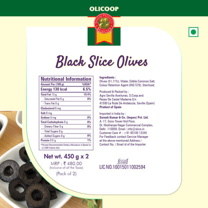 Olicoop Black Slice Olives 450g + Black Pitted Olives 450g, Pack of 1 Each, Product of Spain, for Authentic Taste in Cooking, Snacking, Pizzas toppings or Italian Pastas Ingredient