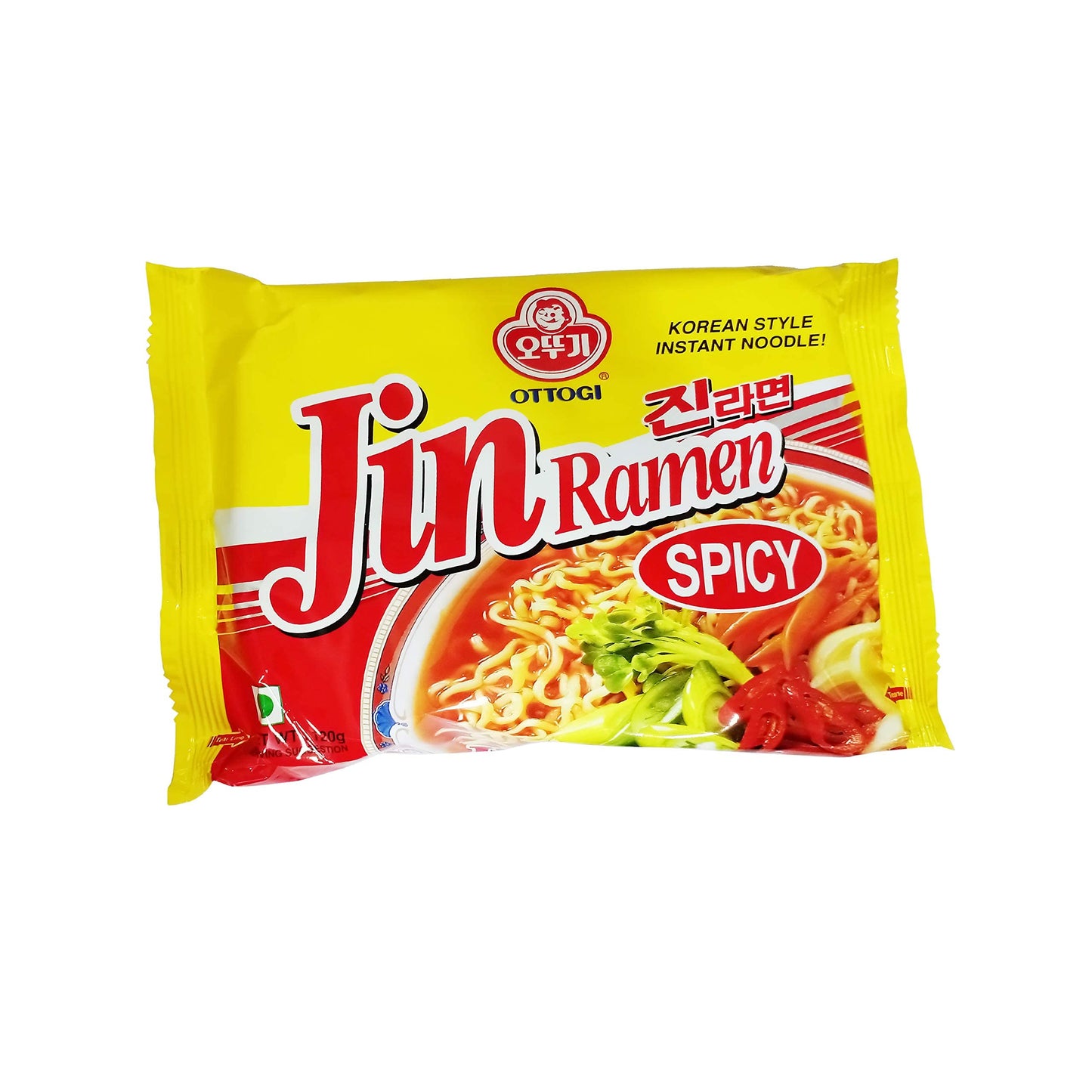 Ottogi Jin Ramen Korean Style Vegetarian Instant Noodles Spicy Flavor 120g, Pack of 5, The Product of Korea - "Spicy ramen delight!"