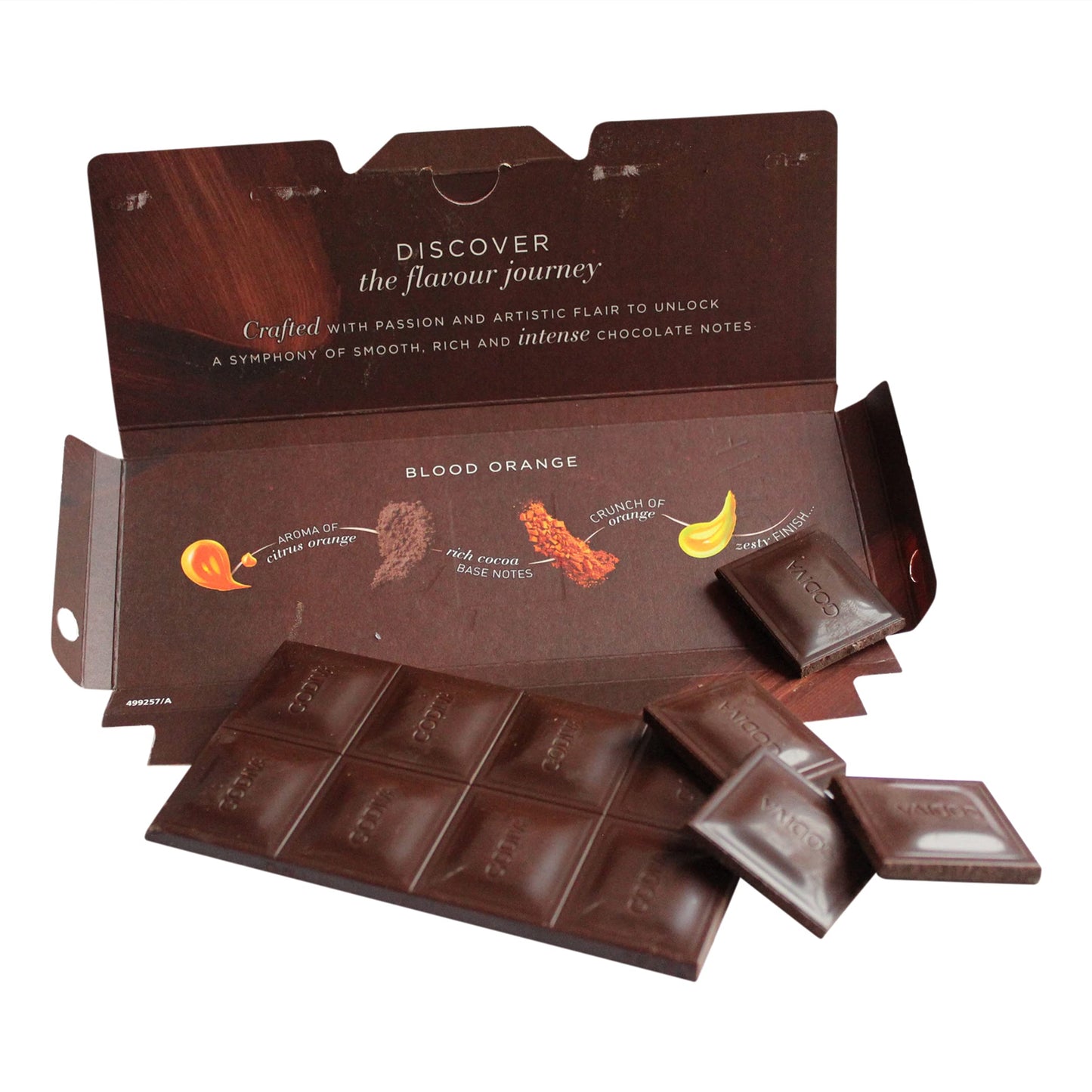 Godiva Blood Orange 90g - Enjoy the exquisite blend of rich dark chocolate and zesty blood orange in Godiva's decadent chocolate bar