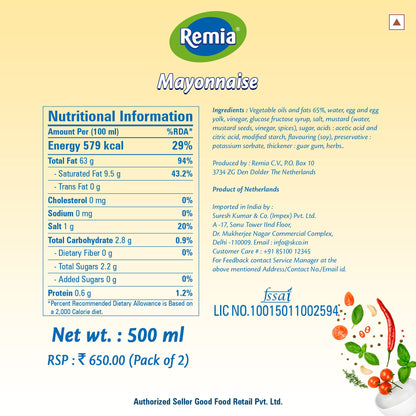 Remia Mayonnaise, 500g, Pack of 2 - Double Mayo Goodness!