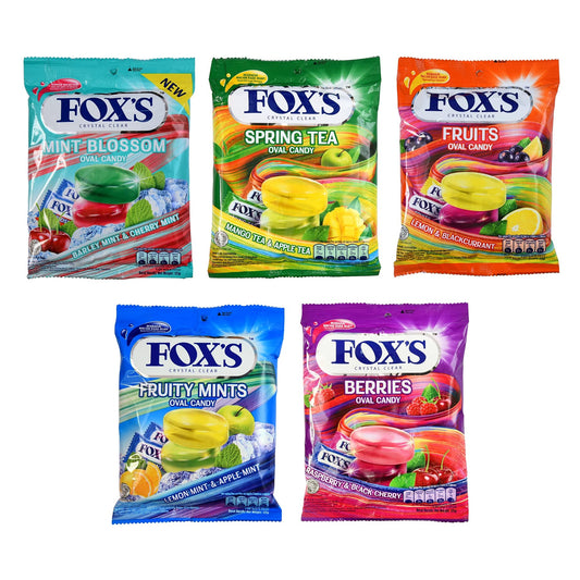 Fox's Crystal Clear Fruits Oval Candy Mix Flavoured 90g x 5 Pouch - Mixed fruit oval candy, 90g x 5!